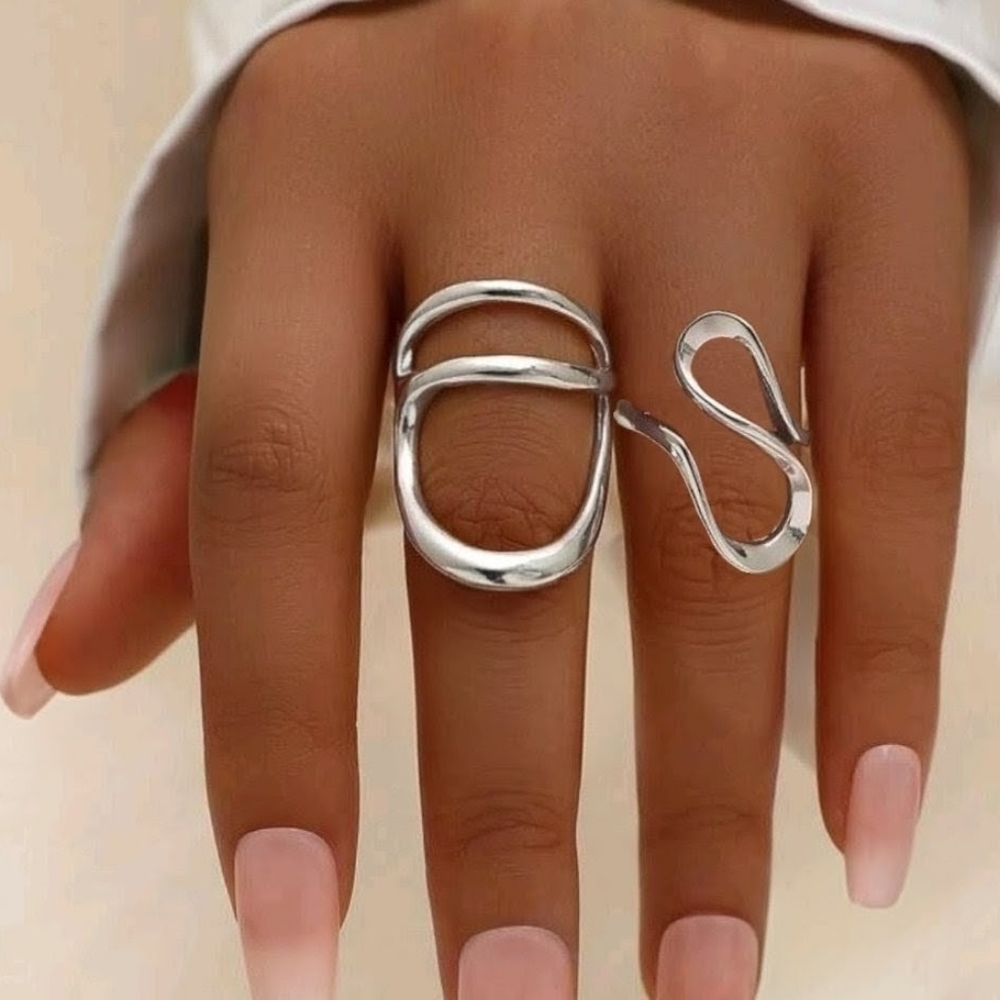 Silver Ring Set Boho Abstract Wide
